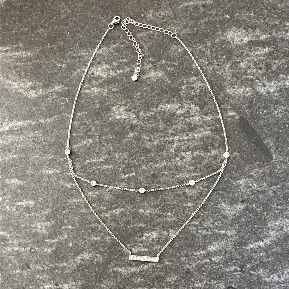 Delicate Sterling Silver Layered Bar Necklace with CZ crystal Accents